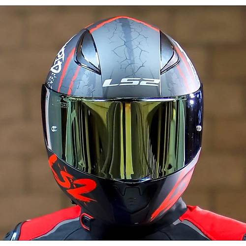 LS2 RAPID 2 RAVEN MAT SYAH-KIRMIZI KAPALI MOTOSKLET KASKI GOLD CAMLI