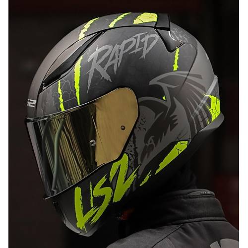 LS2 RAPID 2 RAVEN MAT SYAH-GR-NEON SARI KAPALI MOTOSKLET KASKI GOLD CAMLI