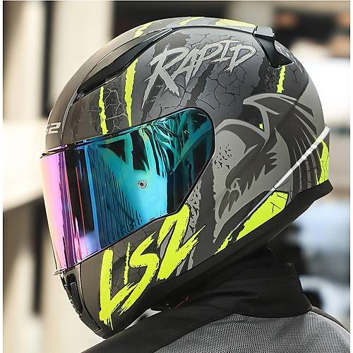 LS2 RAPID 2 RAVEN MAT SYAH-GR-NEON SARI KAPALI MOTOSKLET KASKI GKKUAI CAMLI