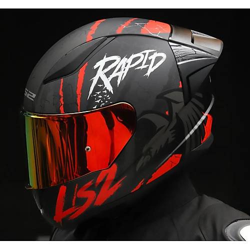 LS2 RAPID 2 RACE RAVEN MAT SYAH-KIRMIZI KAPALI MOTOSKLET KASKI KIRMIZI CAMLI