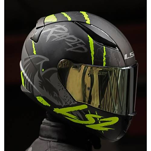 LS2 RAPID 2 RAVEN MAT SYAH-GR-NEON SARI KAPALI MOTOSKLET KASKI GOLD CAMLI