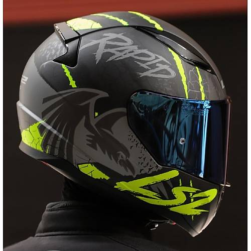 LS2 RAPID 2 RAVEN MAT SYAH-GR-NEON SARI KAPALI MOTOSKLET KASKI MAV CAMLI