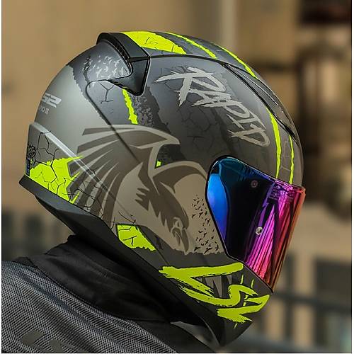 LS2 RAPID 2 RAVEN MAT SYAH-GR-NEON SARI KAPALI MOTOSKLET KASKI GKKUAI CAMLI