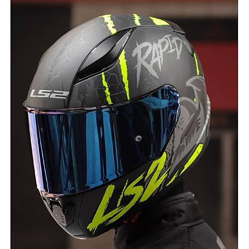 LS2 RAPID 2 RAVEN MAT SYAH-GR-NEON SARI KAPALI MOTOSKLET KASKI MAV CAMLI