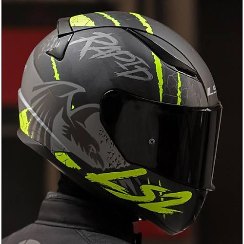 LS2 RAPID 2 RAVEN MAT SYAH-GR-NEON SARI KAPALI MOTOSKLET KASKI SYAH CAMLI