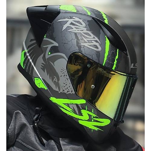 LS2 RAPID 2 RACE RAVEN MAT SYAH-GR-NEON SARI KAPALI MOTOSKLET KASKI GOLD  CAMLI