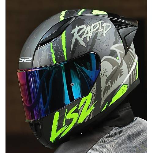 LS2 RAPID 2 RACE RAVEN MAT SYAH-GR-NEON SARI KAPALI MOTOSKLET KASKI GKKUAI CAMLI