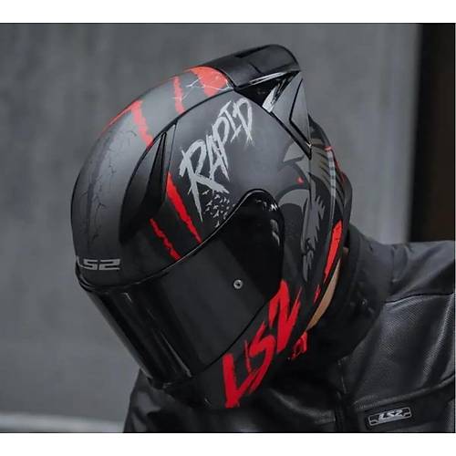 LS2 RAPID 2 RACE RAVEN MAT SYAH-KIRMIZI KAPALI MOTOSKLET KASKI SYAH  CAMLI
