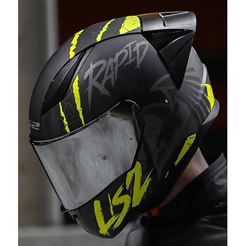 LS2 RAPID 2 RACE RAVEN MAT SYAH-GR-NEON SARI KAPALI MOTOSKLET KASKI GR CAMLI