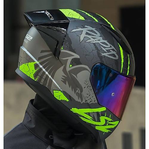 LS2 RAPID 2 RACE RAVEN MAT SYAH-GR-NEON SARI KAPALI MOTOSKLET KASKI GKKUAI CAMLI