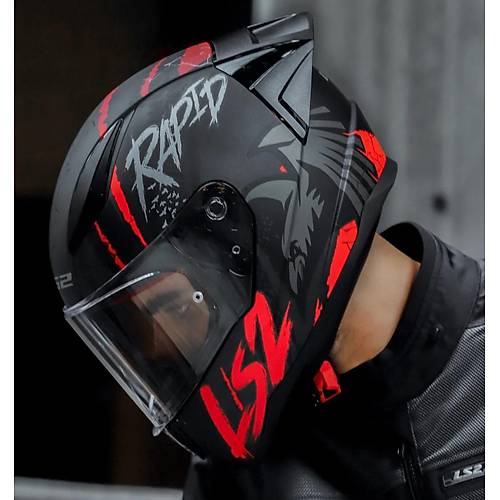 LS2 RAPID 2 RACE RAVEN MAT SYAH-KIRMIZI KAPALI MOTOSKLET KASKI EFFAF  CAMLI