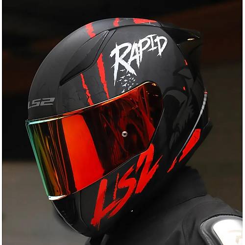 LS2 RAPID 2 RACE RAVEN MAT SYAH-KIRMIZI KAPALI MOTOSKLET KASKI KIRMIZI CAMLI