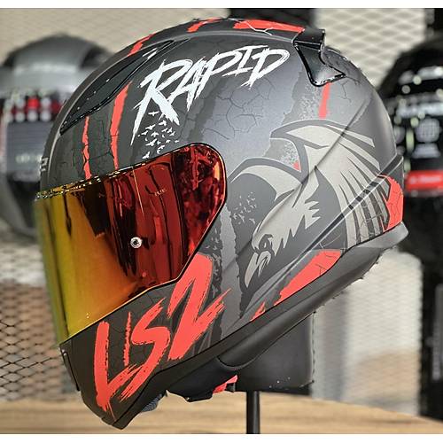 LS2 RAPID 2 RAVEN MAT SYAH-KIRMIZI KAPALI MOTOSKLET KASKI KIRMIZI CAMLI