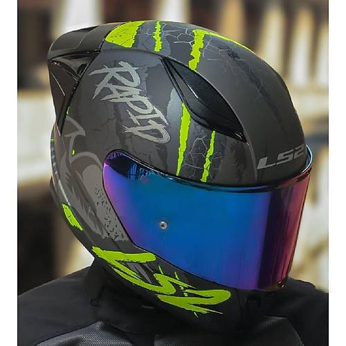 LS2 RAPID 2 RACE RAVEN MAT SYAH-GR-NEON SARI KAPALI MOTOSKLET KASKI GKKUAI CAMLI