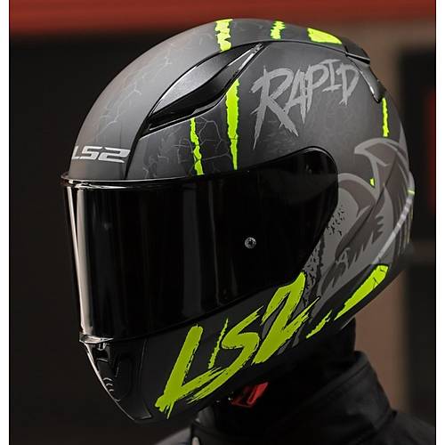 LS2 RAPID 2 RAVEN MAT SYAH-GR-NEON SARI KAPALI MOTOSKLET KASKI SYAH CAMLI