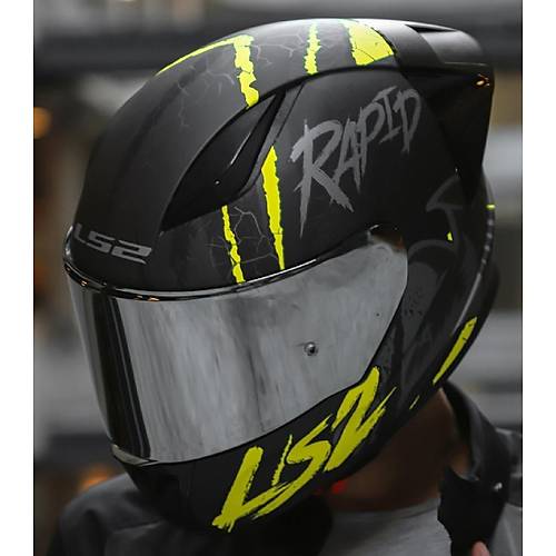 LS2 RAPID 2 RACE RAVEN MAT SYAH-GR-NEON SARI KAPALI MOTOSKLET KASKI GR CAMLI