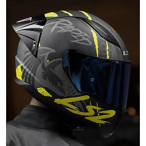 LS2 RAPID 2 RACE RAVEN MAT SYAH-GR-NEON SARI KAPALI MOTOSKLET KASKI MAV CAMLI