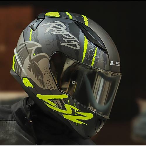 LS2 RAPID 2 RAVEN MAT SYAH-GR-NEON SARI KAPALI MOTOSKLET KASKI GR CAMLI