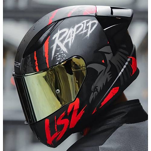 LS2 RAPID 2 RACE RAVEN MAT SYAH-KIRMIZI KAPALI MOTOSKLET KASKI GOLD CAMLI