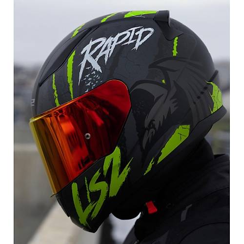 LS2 RAPID 2 RAVEN MAT SYAH-GR-NEON SARI KAPALI MOTOSKLET KASKI KIRMIZI  CAMLI