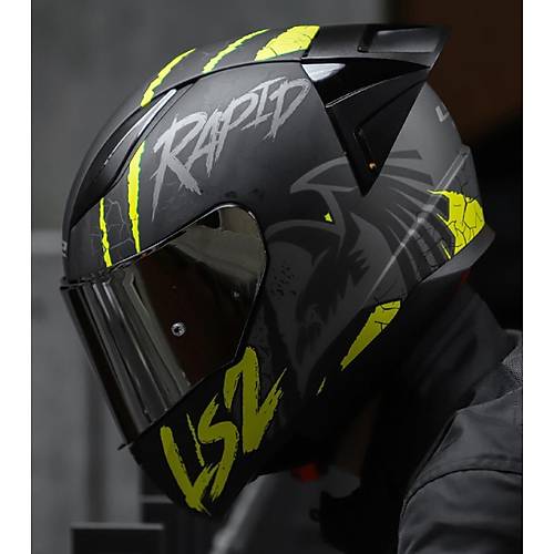 LS2 RAPID 2 RACE RAVEN MAT SYAH-GR-NEON SARI KAPALI MOTOSKLET KASKI GR CAMLI