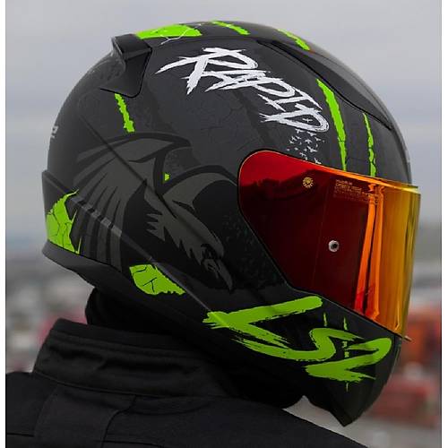 LS2 RAPID 2 RAVEN MAT SYAH-GR-NEON SARI KAPALI MOTOSKLET KASKI KIRMIZI  CAMLI
