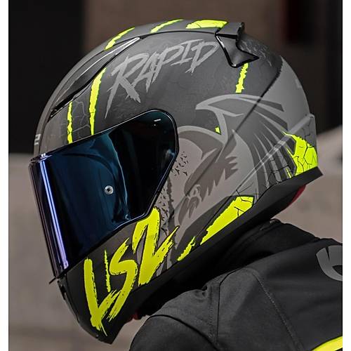 LS2 RAPID 2 RAVEN MAT SYAH-GR-NEON SARI KAPALI MOTOSKLET KASKI MAV CAMLI