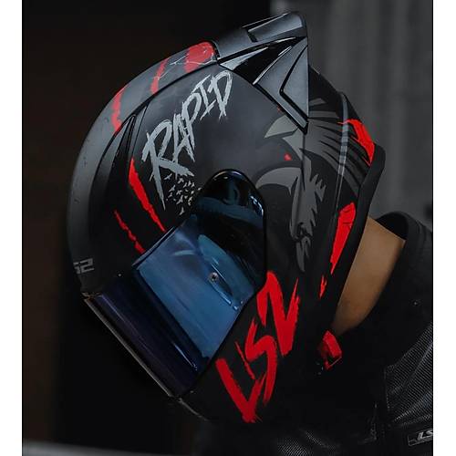 LS2 RAPID 2 RACE RAVEN MAT SYAH-KIRMIZI KAPALI MOTOSKLET KASKI MAV CAMLI