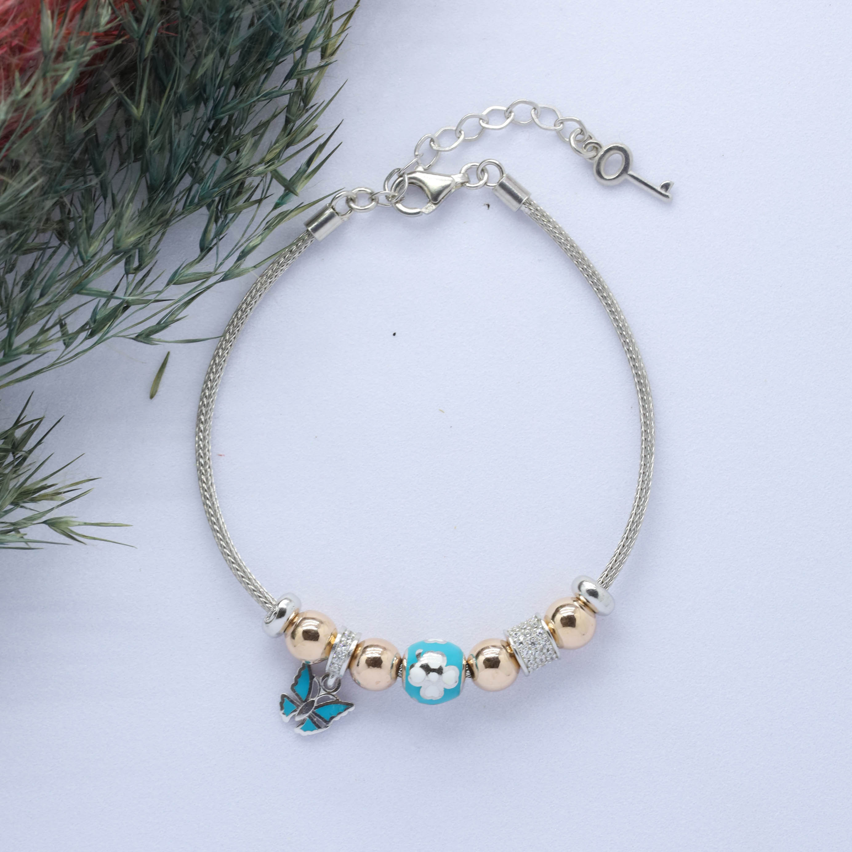 Kelebek- Yonca (Butterfly-Clever) Figürlü 925 Ayar Gümüş Charm Bileklik