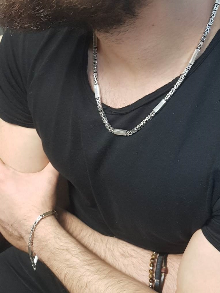 Köşeli Gümüş Kral Zincir Şarnelli Bileklik Takım