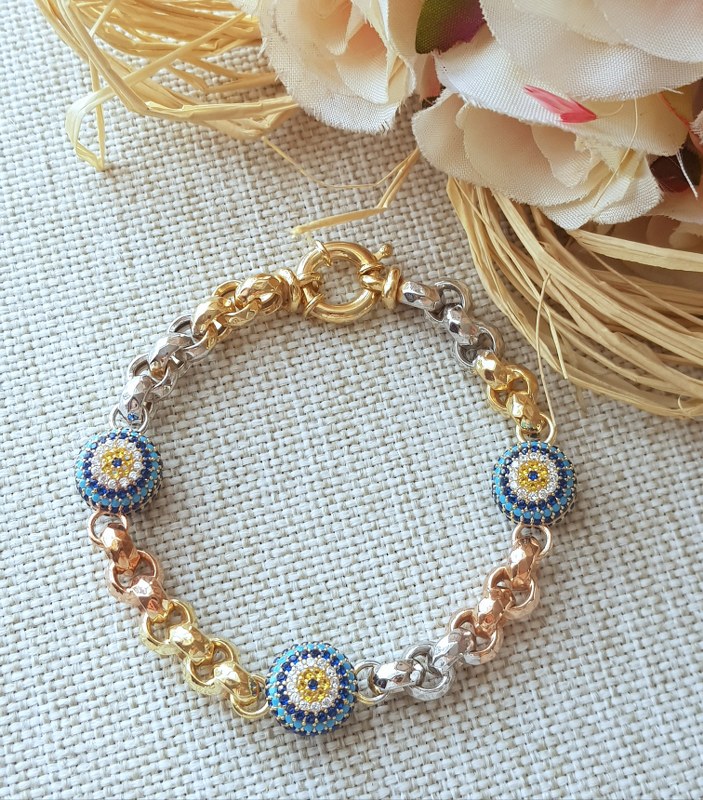 Üç Renk Nazarlı Gümüş Bileklik