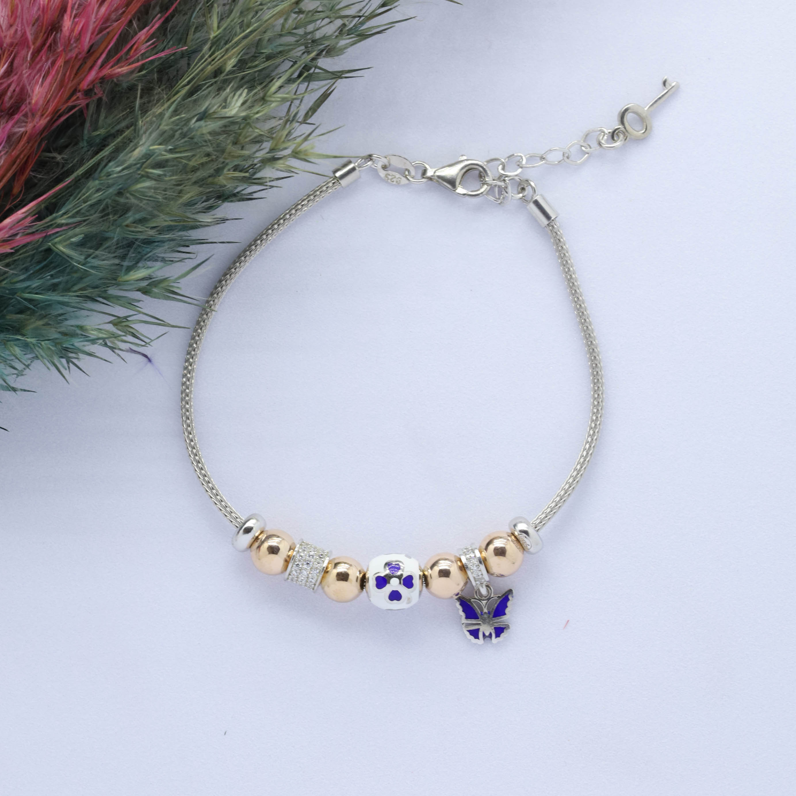 Kelebek- Yonca (Butterfly-Clever) Figürlü 925 Ayar Gümüş Charm Bileklik