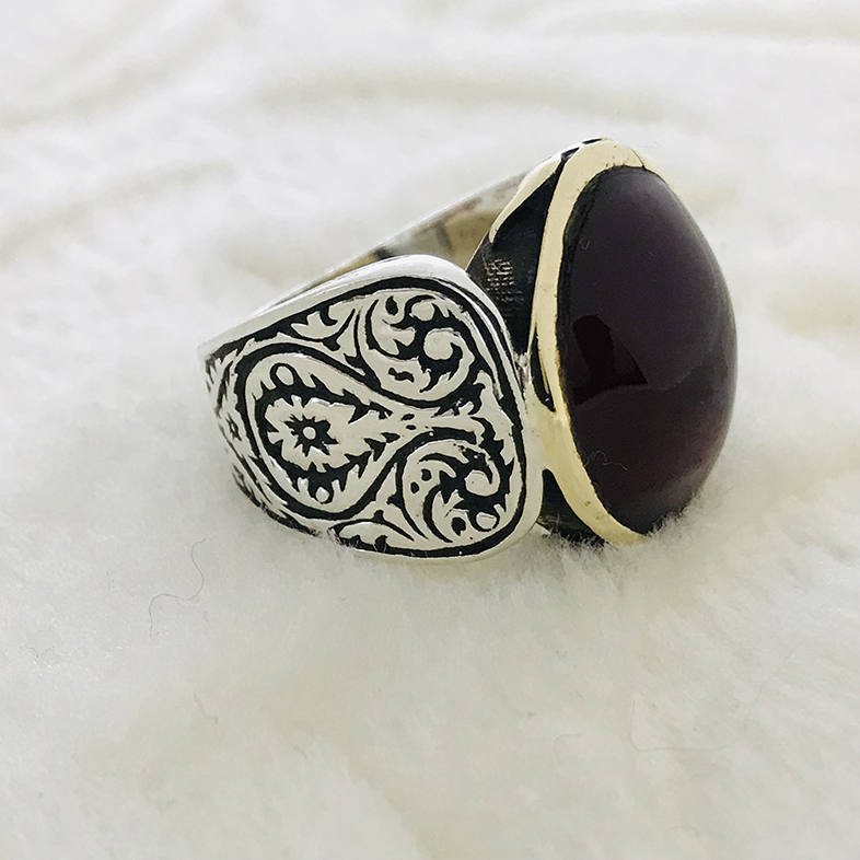Kehribar Taşlı 925 Ayar Gümüş Erkek Yüzük