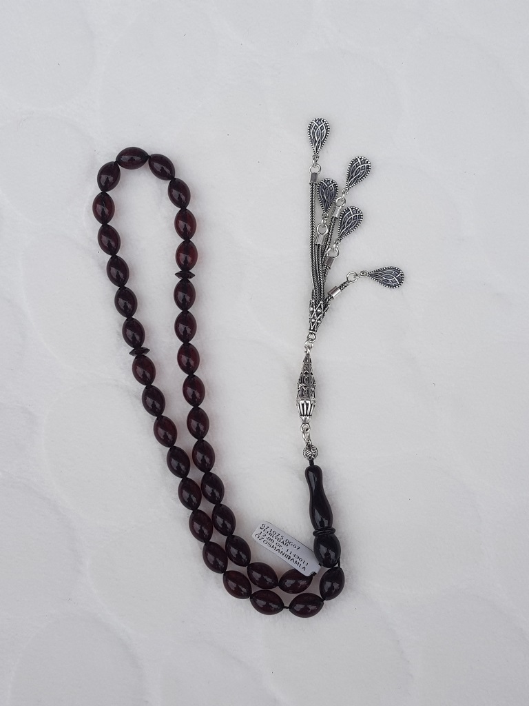 Damla Kehribar Tesbih Gümüş Püsküllü