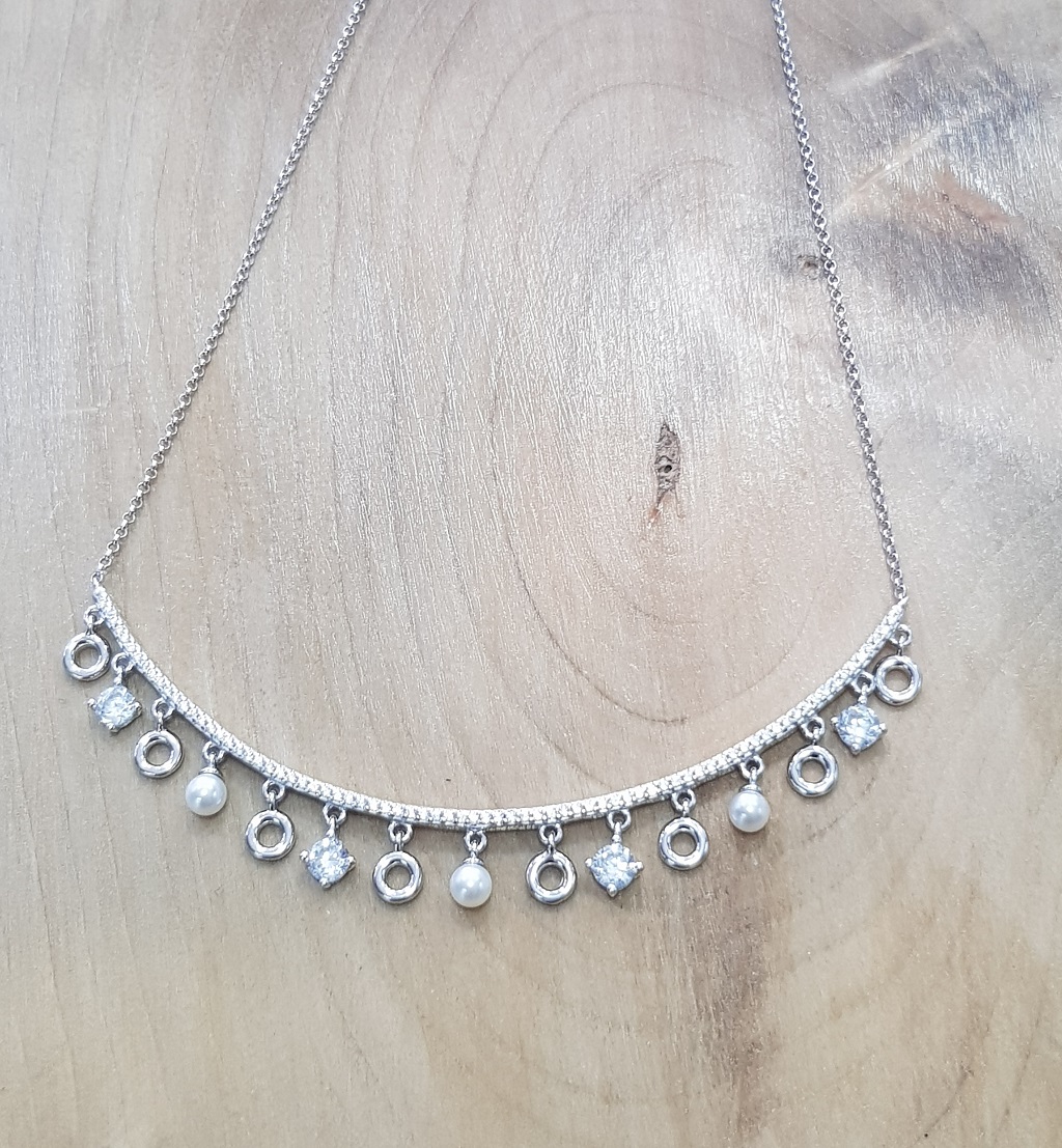 İncili Swarovski Taşlı Tasarım Gümüş Kolye