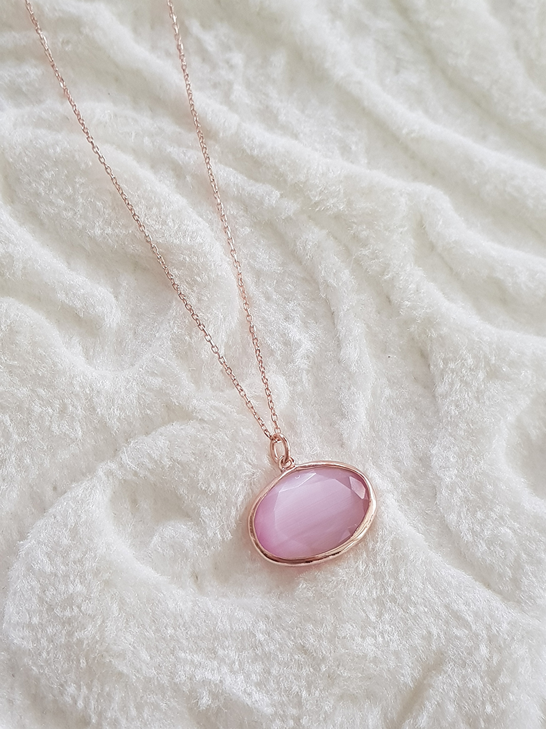 Pembe Kuvars Sıvama Gümüş Kolye