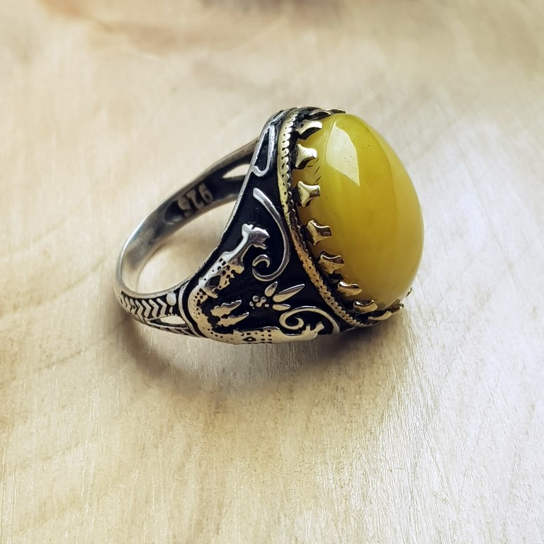 Sarı Kehribar Taşlı Gümüş Yüzük