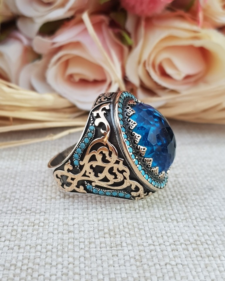 Aquamarın Taşlı Elif Vav Gümüş Yüzük