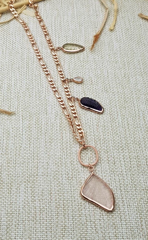 Pembe Kuvars Ametis Sitrin Tasarım Gümüş Kolye