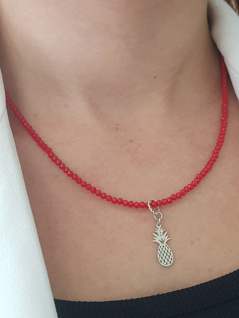 Kırmızı Bohem Otantik Doğaltaş Gümüş Kolye