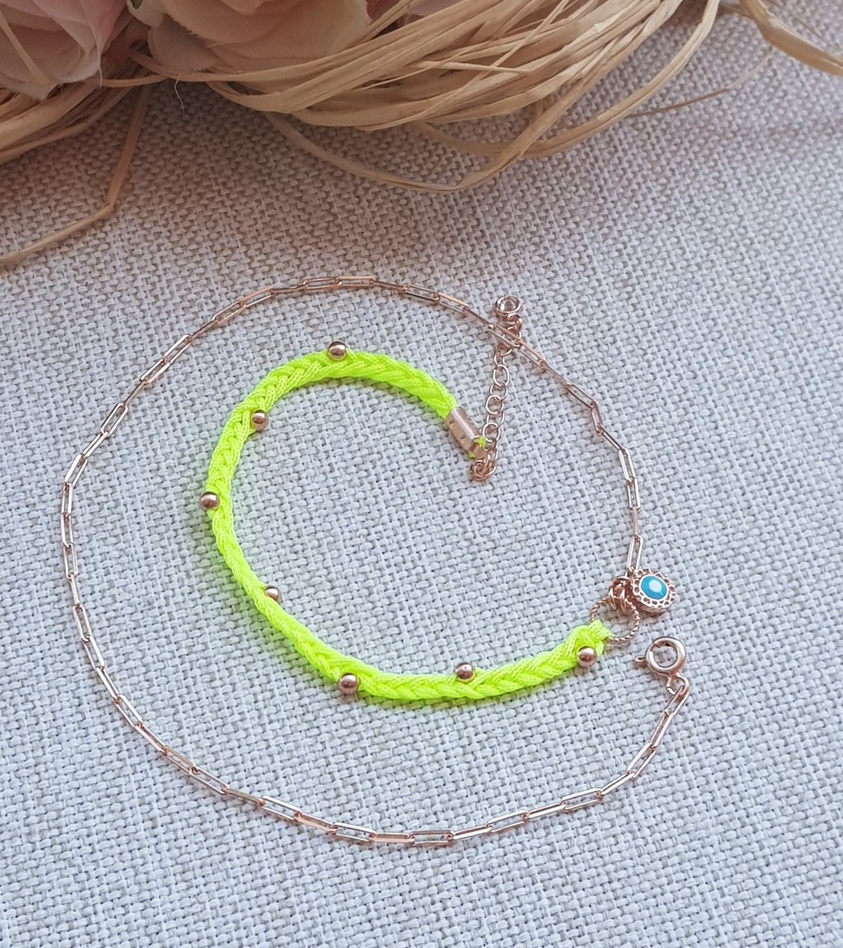 Neon Sarı Çift Dolama Gümüş Halhal