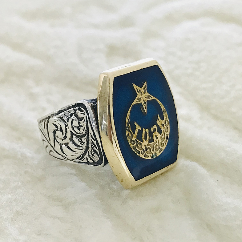 Ay Yıldız Türk Bayraklı  925 Ayar Gümüş Erkek Yüzük