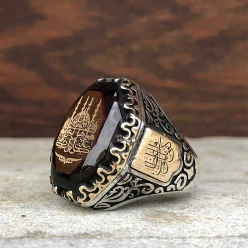 Kehribar Taşlı Köşeli Cami Gümüş Erkek Yüzük