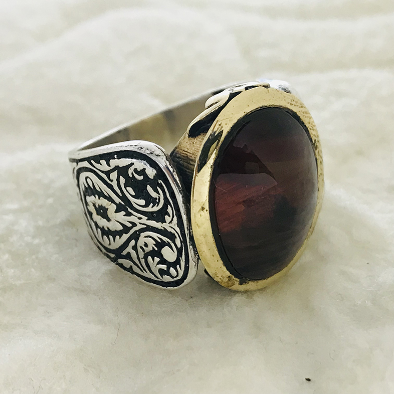 Kehribar Taşlı 925 Ayar Gümüş Erkek Yüzük