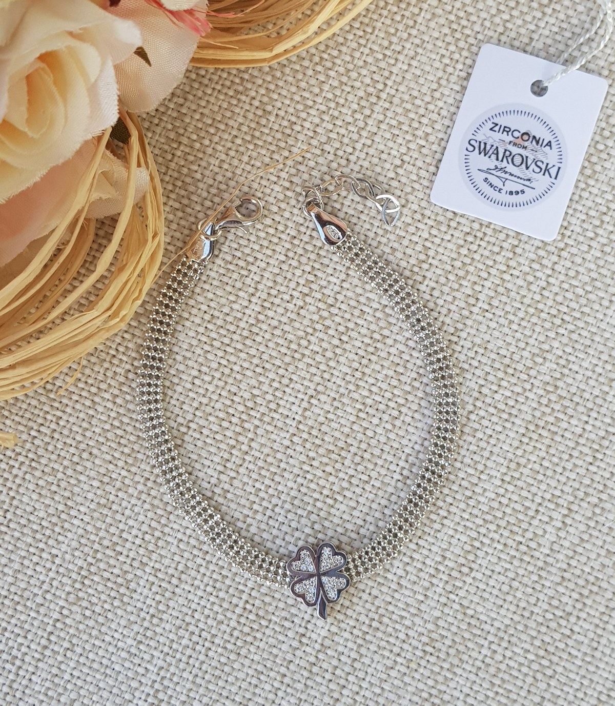 Swarovski Taşlı Yonca Gümüş Bileklik