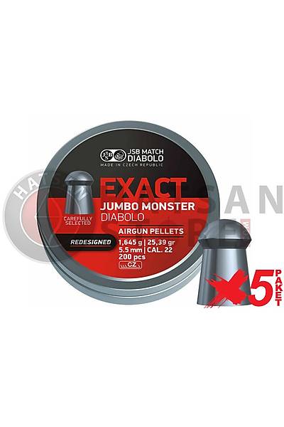 JSB Diabolo Exact Jumbo Monster (Redesigned) 5,52 mm 5 Paket Haval Tfek Samas (25,39 Grain - 1000 Adet)
