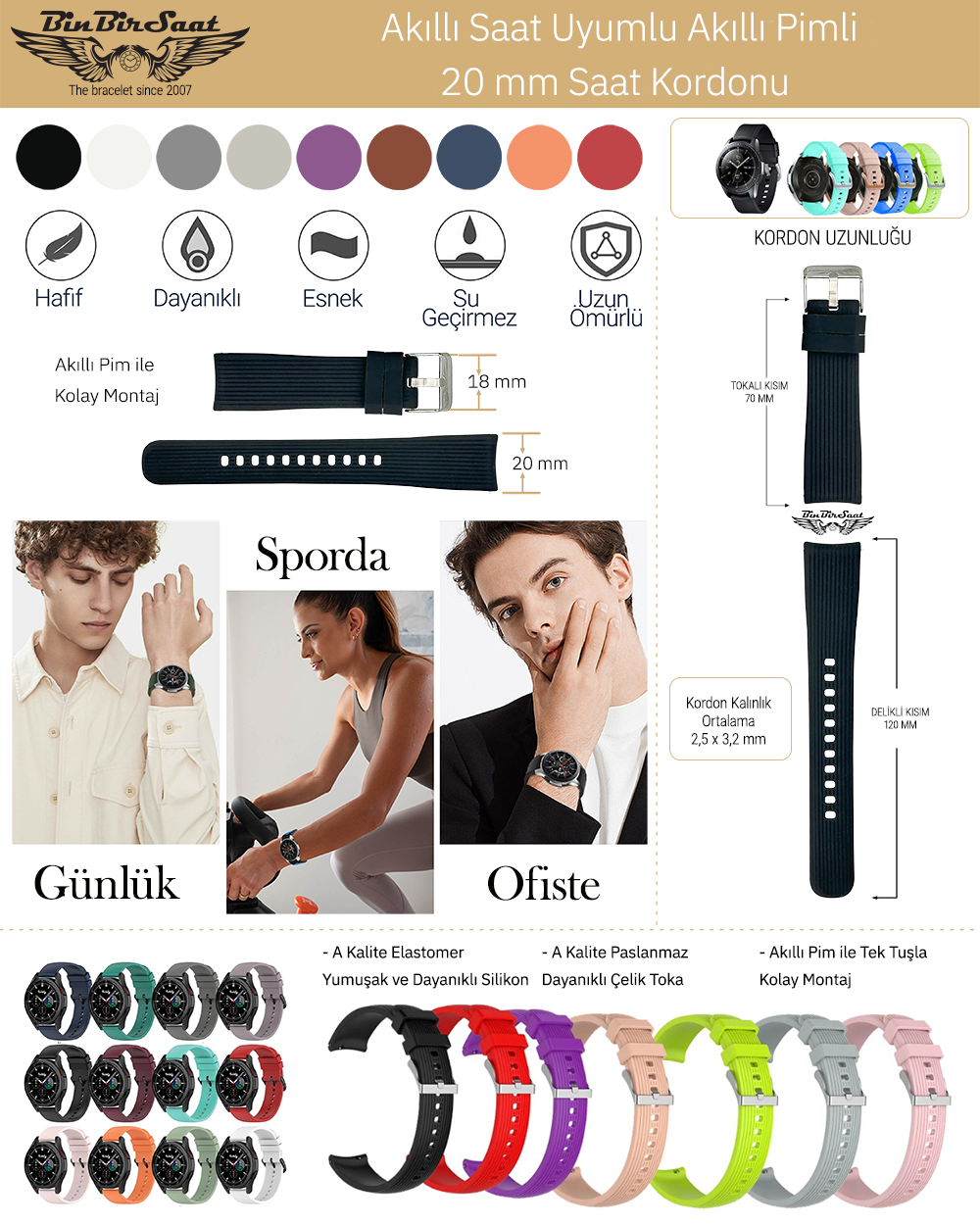 Samsung Galaxy Active 2 3, 40mm 44mm, Galaxy watch 42mm 3 41mm, Gear Sport S2 Saat Kordonu 20mm