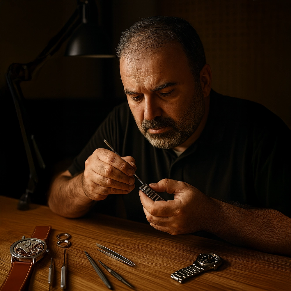 Metal saat kordonu seçimi yapan deneyimli saat ustası, masa üzerinde farklı çelik kordonları inceliyor.