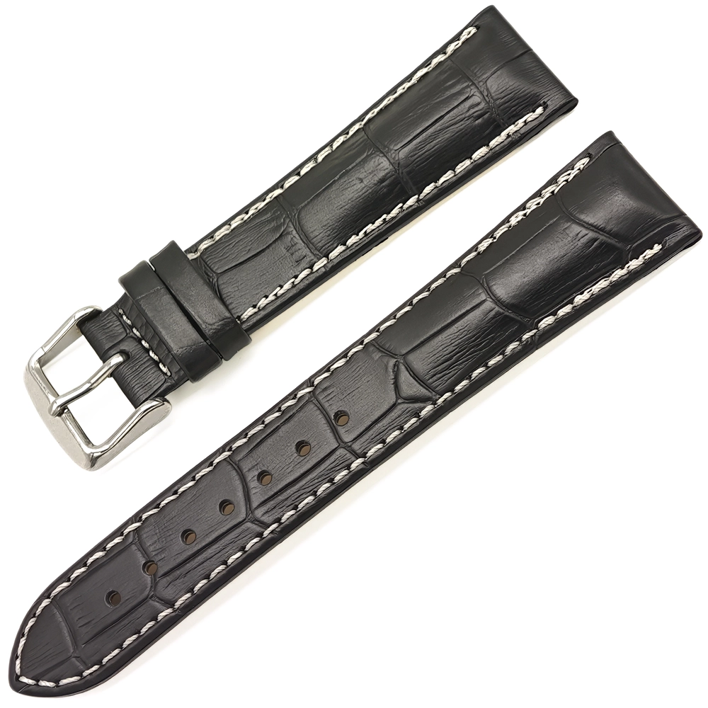 Siyah Saat Kordonu Kroko Desen Bandco Hakiki Deri Klasik 22x18mm Beyaz Dikiş