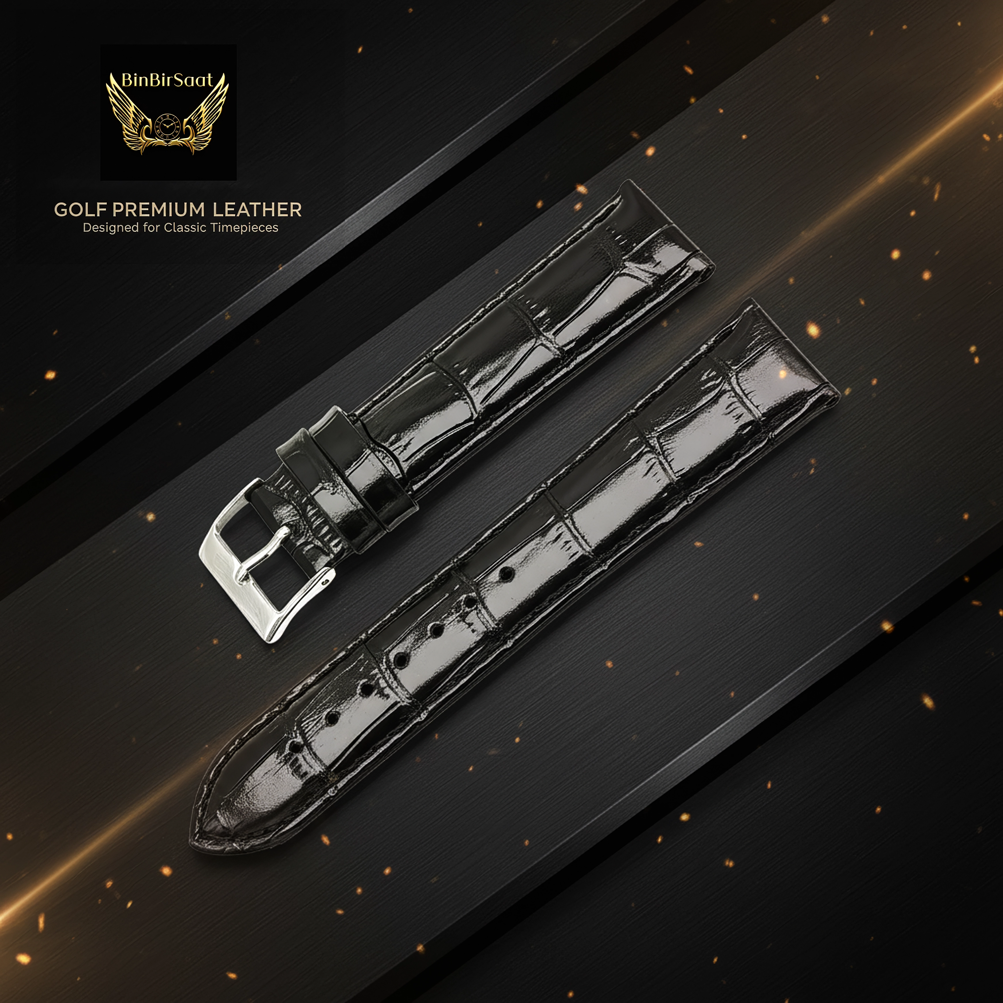 Golf 22mm Siyah Hakiki Deri Saat Kayışı Kroko Desen Bombeli